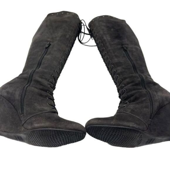 Stuart Weitzman knee high gray suede boots 6.5M riding equestrian wedged lace up - Picture 7 of 9